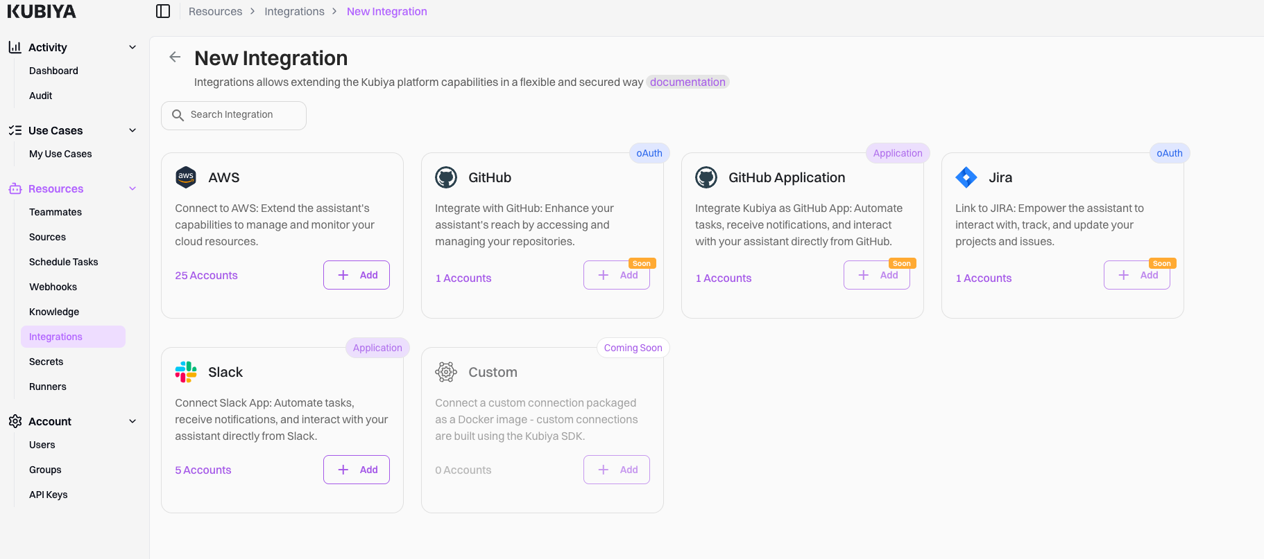 Integrations page screenshot
